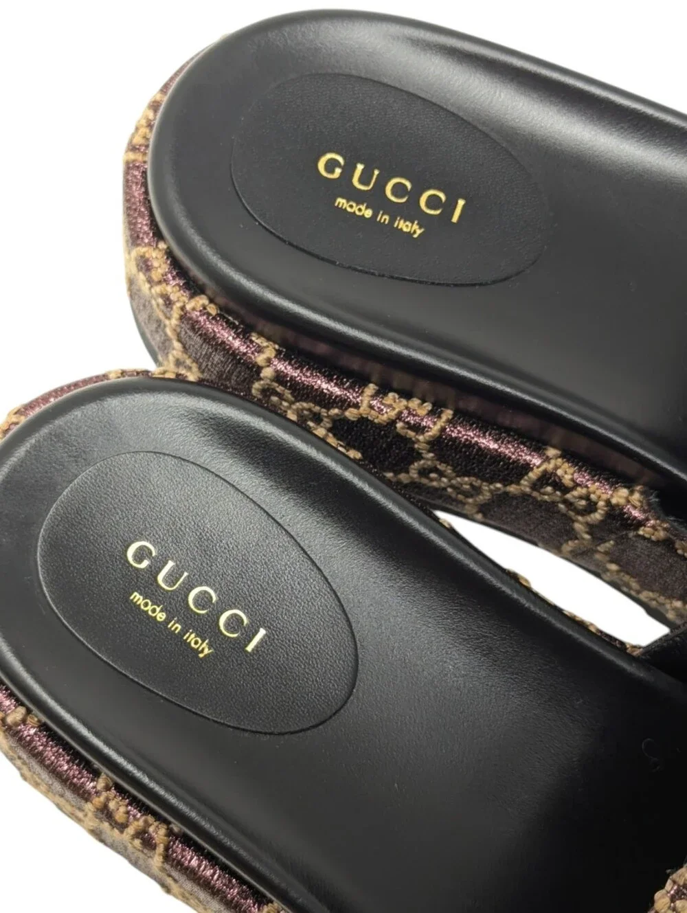 Gucci Brown Monogram Lame Angelina Platform Slide Sandals Size EU 39